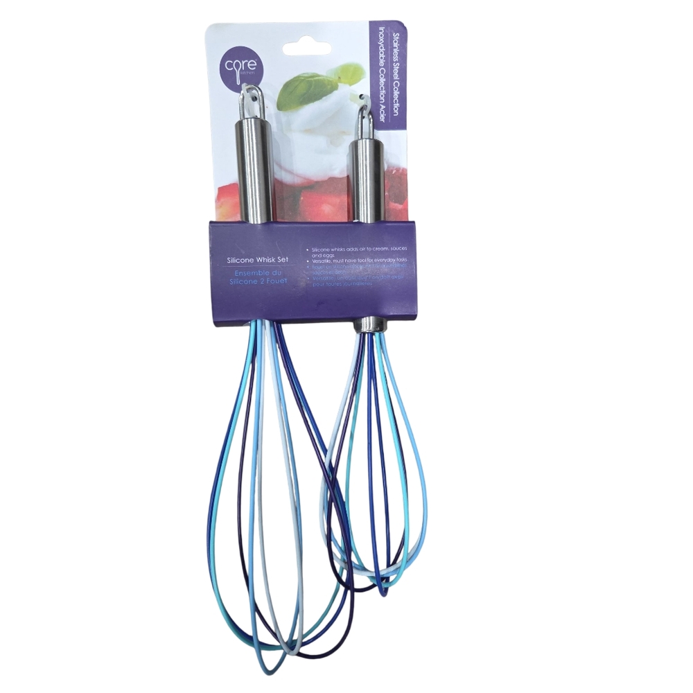 New With Tags! Core Stainless Steel & Silicone Blue Whisk Set Of 2